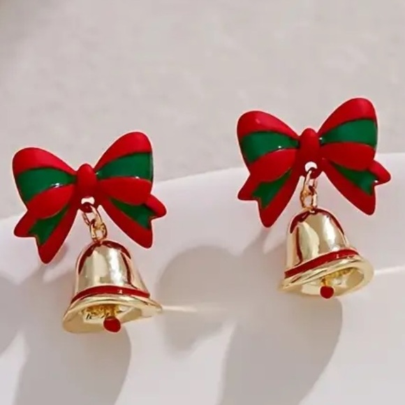 Jewelry - Christmas Festive Red and Green Bow 925 Sterling Silver Earrings with Gold Bells